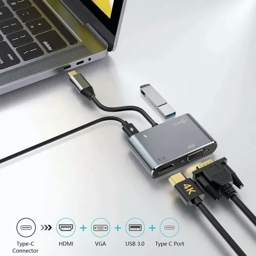 Hub Adaptador Usb-c 4 En 1 Vga+hdmi+usb 3.0+usb-c Pd 4k Hd