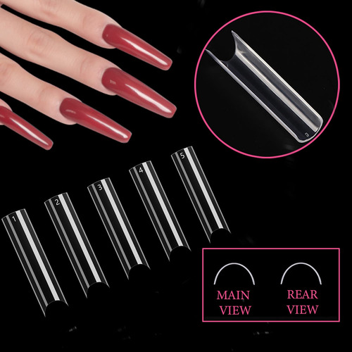 500 Puntas De Uñas Postizas Transparentes Extra Largas Con C