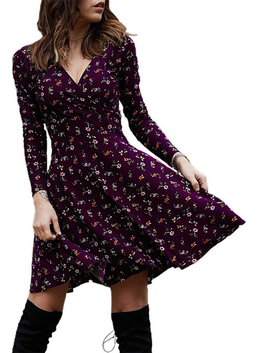 Mini Vestido Estampado Floral Con Cuello En V Profundo Y Dob