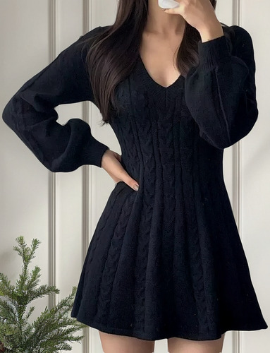 Vestido Tipo Suéter Punto Con Cuello En V Retro Para Mujer,
