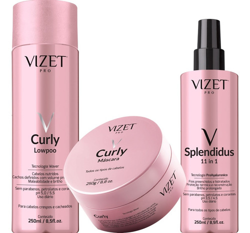 Kit Curly Vizet Pro Shampoo + Máscara + 11in1 Fluído 