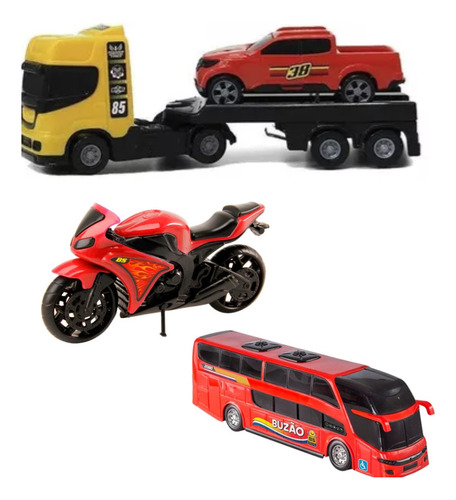 Ônibus De Brinquedo Criança + Caminhão + 2 Carrinhos + Moto