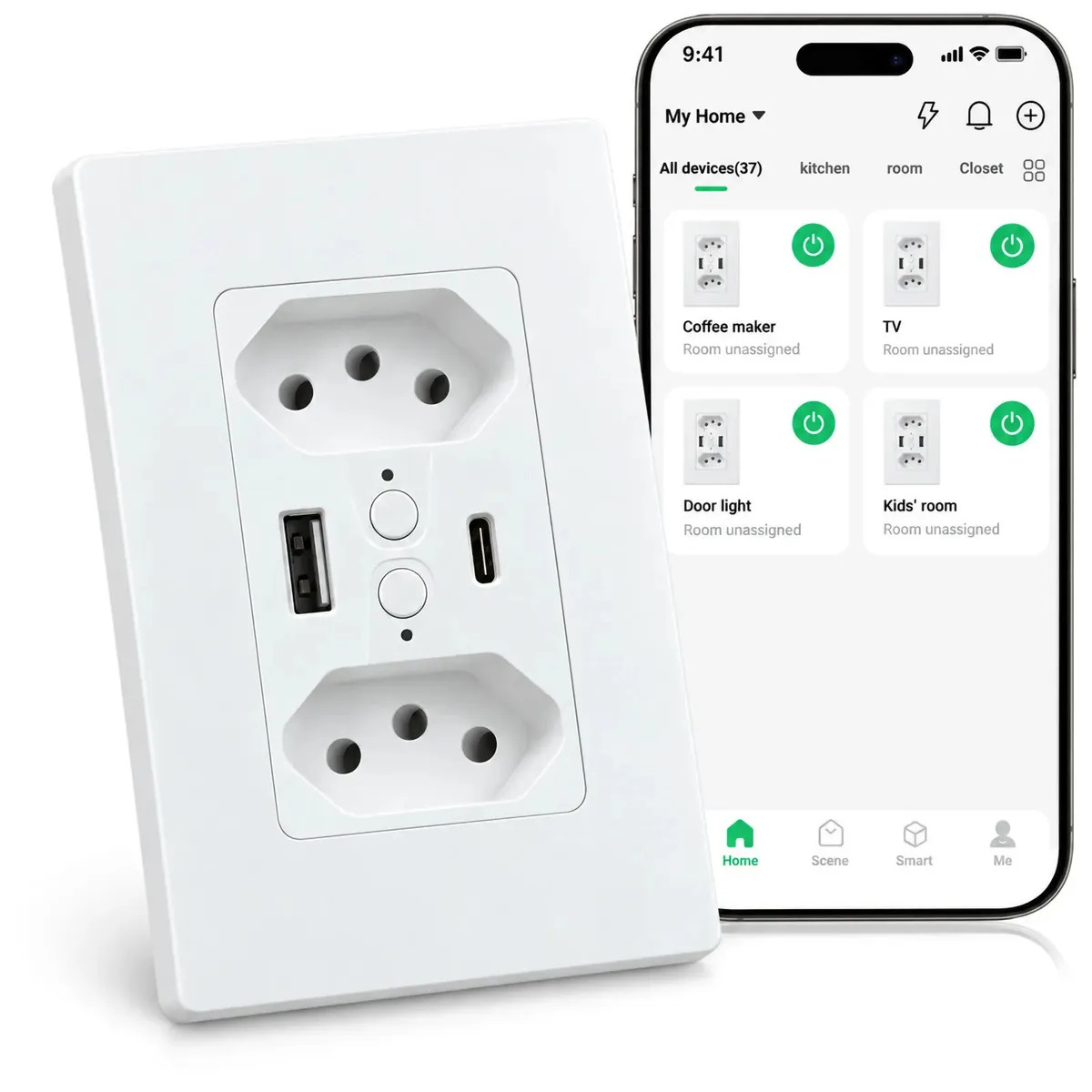 Tomada Inteligente WIFI Tomada Inteligente Nova Digital Dupla 20A E 10A Usb Usb C Tomada Inteligente Compatível Alexa Google Tuya Smart Life App Casa Automação Residencial Branca Parede