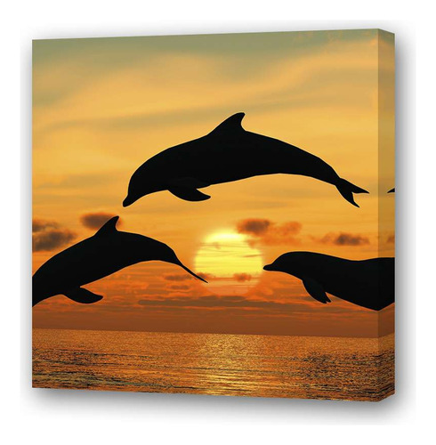 Cuadro 20x20cm Delfines Manada Familia Puesta De Sol