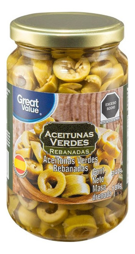 6 Pzas Aceitunas Verdes Great Value Rebanadas 340 G