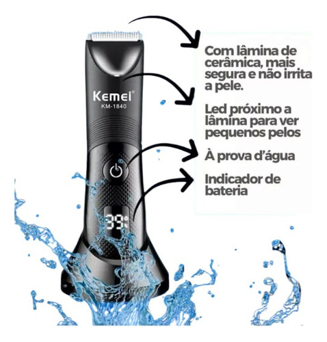 Barberpro Íntimus Aparador Pelo Kemei Km-1840 À Prova D'água Preto