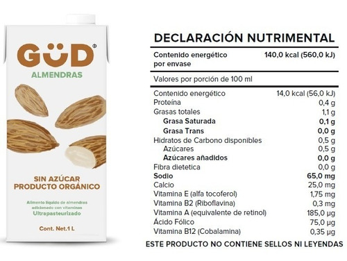 Imagen 2 de 6 de Leche De Almendra Orgánica Sin Azúcar Gud 1 L