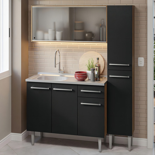 Armário Cozinha Compacta 137cm Com Pia Emilly Madesa Rp 07 Cor Rustic/Preto