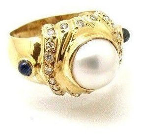 Anel Pérola Mabe E Safiras Com Diamantes Ouro 18k 11439 K965