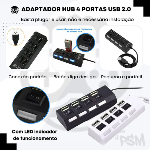 Régua Usb 2.0 Extensão Hub Switch Led Abre 4 Portas Divisor