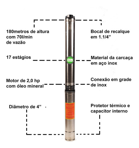 Bomba Submersa Torpedo 4 Polegada 17 Estágios 2 Hp Monofásic