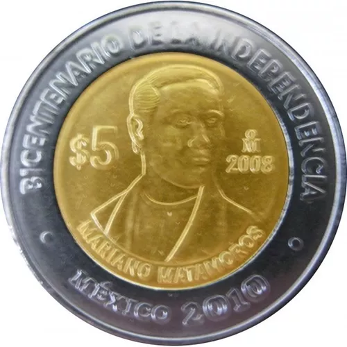 MEXICO BIMETALLIC COIN 5 PESOS MARIANO MATAMOROS 2008 