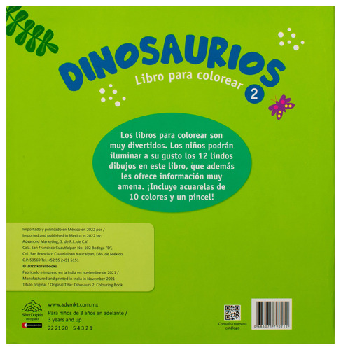 Libro para Colorear: Dinosaurios 2.: Libro para colorear: Dinosaurios 2, de Varios. Editorial Silver Dolphin (en español), tapa blanda en español, 2022