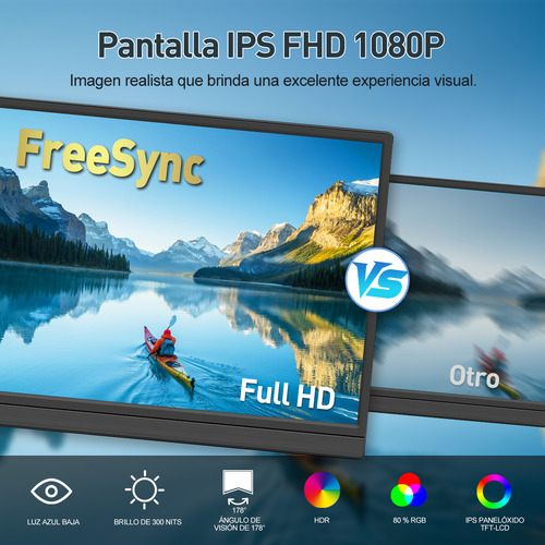 Monitor portátil IPS Pc 16" 1080p Hdr Led Integrado Bocinas Iotwe HDMI/tipo C/conector Audio 3.5 Ps5 Xbox Switch Computadoras Cámaras videoconsolas portátiles Auriculares móviles