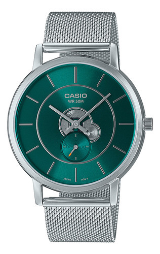 Reloj pulsera Casio MTP-B130M-3AVDF con correa de acero inoxidable color plateado - fondo verde