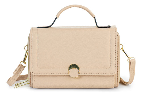 Bolsa Feminina Transversal Média Com Alça De Mão Tiracolo Cor Bege Desenho Do Tecido Lisa
