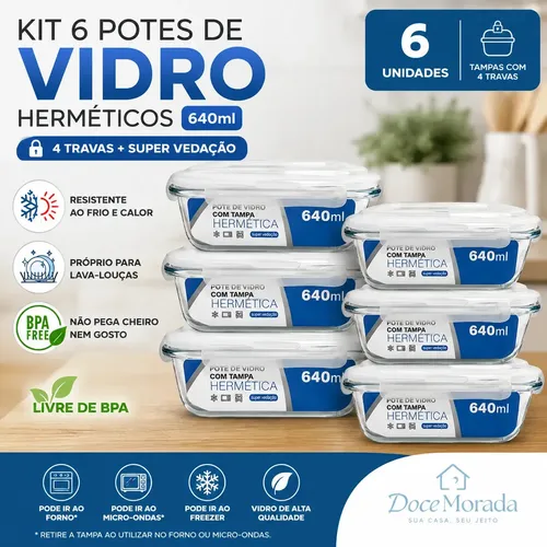 Potes Hermético Vidro 640ml Marmita Forno Micro-ondas Air Fryer Fitness Kit 6 com 4 Travas