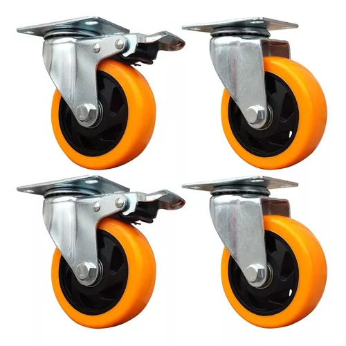 4 Ruedas Giratorias Poliuretano Naranja 100mm 2 Con Freno