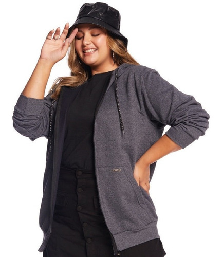 Jaqueta Feminina Plus Size Com Capuz Em Moletom Mmt 67048