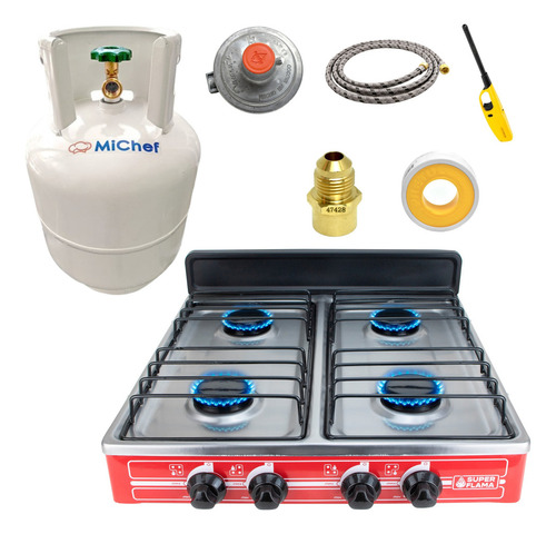 Combo Super Flama Tetra Flama Ac Parrilla, Tanque Gas, Kit Rojo