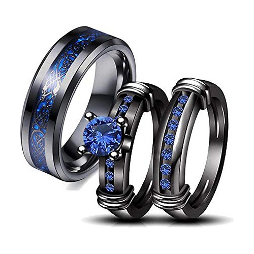 Couple Ring Bridal Set His Hers Black Gold Plated Blue Cz St