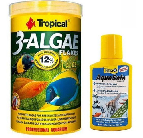 Kit Ração 3-algae Flakes Flakes 200g + Aquasafe 100ml