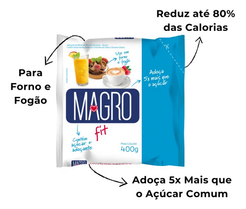 Açúcar Magro Fit Redução De Calorias Sem Glúten Pacote 400g