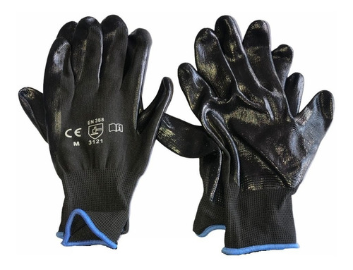 10 Pares Guantes Negro Nylon Palma Nitrilo Antiderrapantes