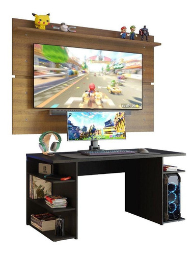 Mesa Para Computador Gamer E Painel Tv Madesa - Preto/rustic