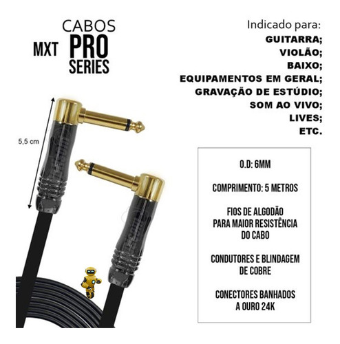 Imagem 3 de 5 de Cabo De Guitarra Violão P10 Blindado 90º Banhado A Ouro 5m