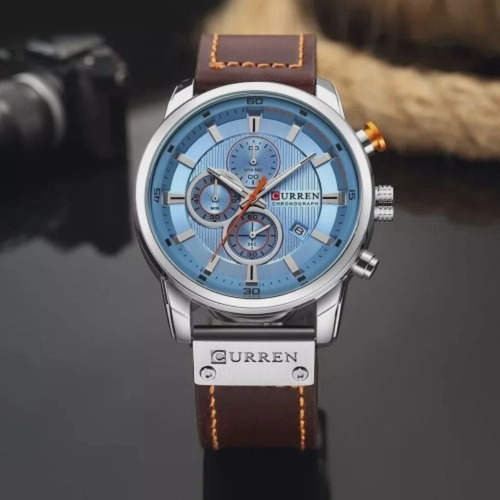 Relógio Curren Masculino 8291 Azul Pulseira Marrom Elegante