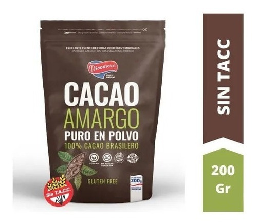 Cacao Amargo Puro En Polvo 200g Sin Tacc Vegano Dicomere Dw