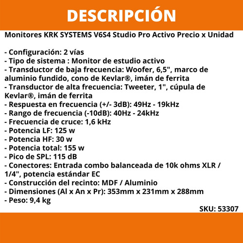 Monitores Krk Systems V6s4 Studio Pro Activo Precio X Unidad