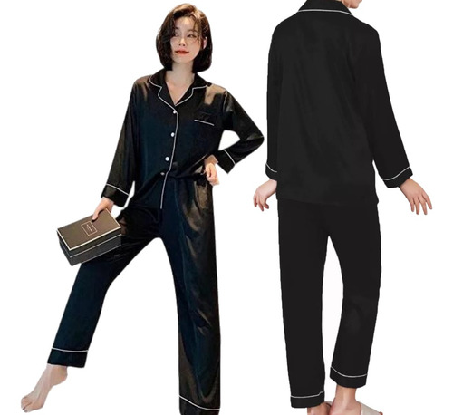 Pijama Mujer Seda Pantalon Largo Camisa Sexy Boton Bolsillos