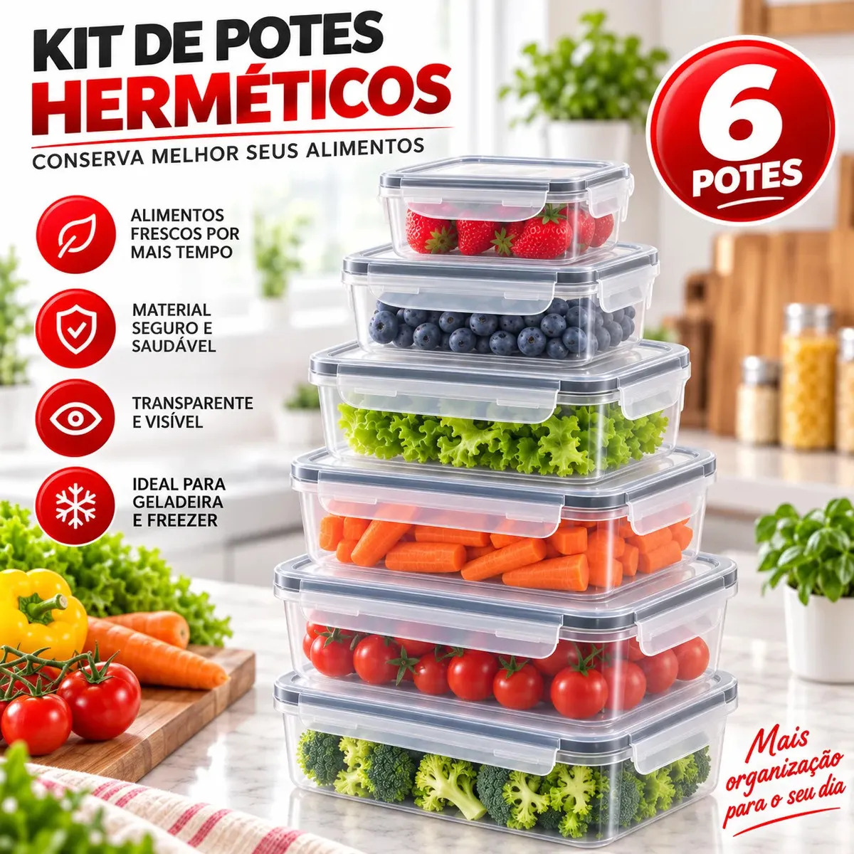 Kit 6 Potes Herméticos Retangulares De Plástico BPA Free Com Tampa Marmita Organizador De Alimentos Cozinha Geladeira Freezer Porta Mantimentos Armazenamento Conservação Empilhável Ashig