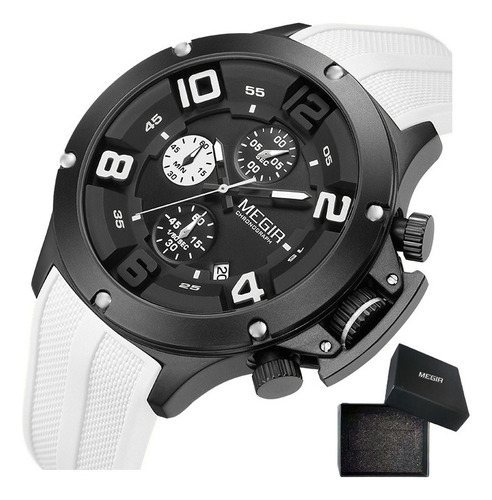 Reloj de pulsera Megir 8115G de cuerpo color negro, analógico, para hombre, con correa de silicona color blanco y hebilla simple