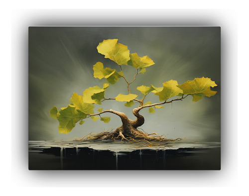 65x50cm Cuadro Ginkgo Biloba Diseño Abstracto Amarillo Blan