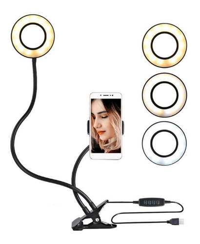 Velador Aro Luz Led Broche P/celular Streaming Videos Usb Color Blanco