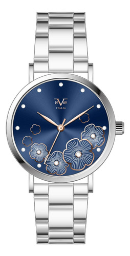 Reloj De Mujer V1969 Italia 1122-19 Plateado Azul De Flores