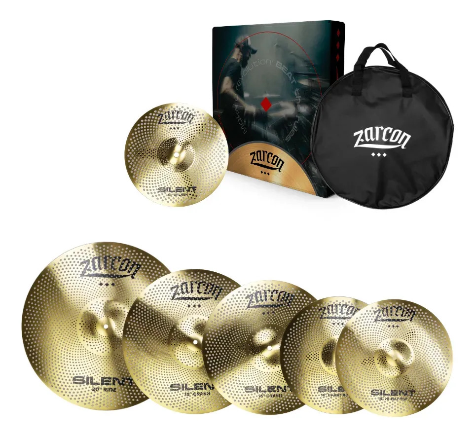 Kit de pratos Zarcon Silent Set-E com splash, hihat, crash, ride com bag. Pratos de bateria silenciosos / volume reduzido, precisão sonora e ótima resposta para estudos, igrejas, e