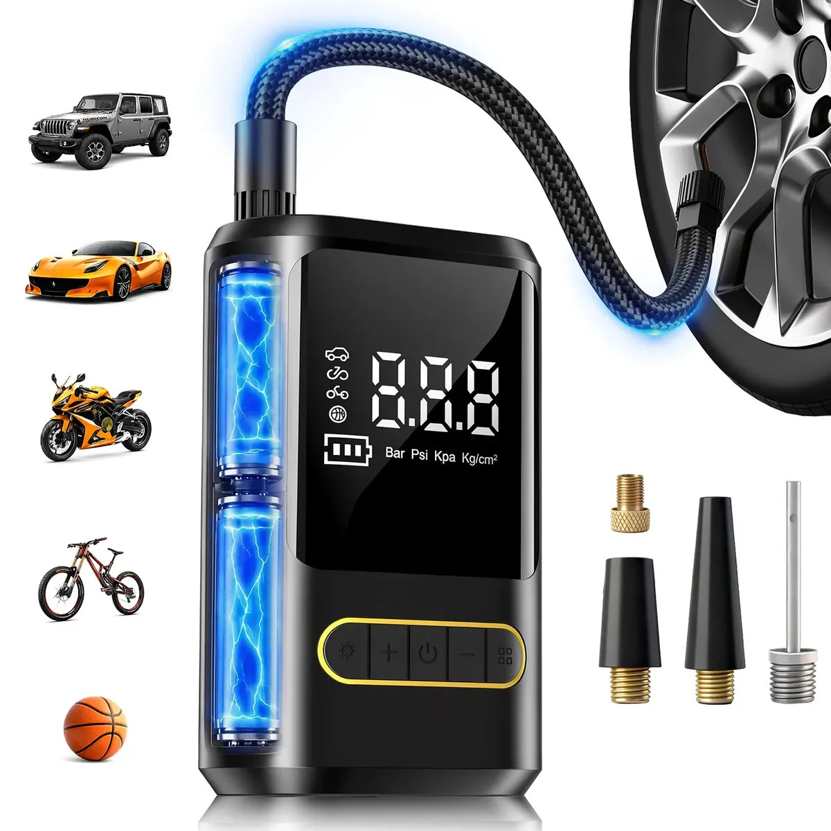 Compressor De Ar Portátil Digital Calibrador Inova 80w 150psi 4000mah Bomba De Encher Pneu Sem Fio Com Lanterna Led E Acessórios Para Pneu De Carro Moto Bicicleta 50hz/60hz