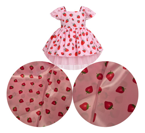 Tela Raso Satinado Modelo Fresas Rosa Liso