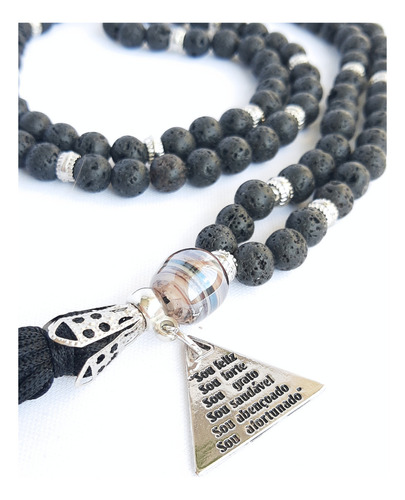 Japamala 108 Contas Pedra Natural Lava Vulcânica Meditação Cor Preto
