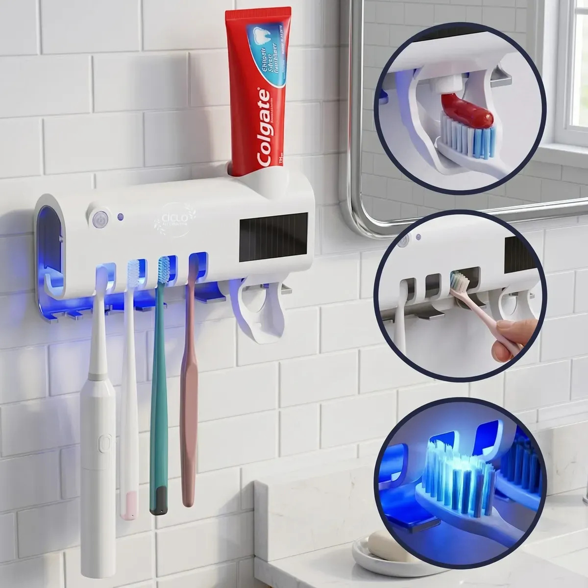 Suporte Escova De Dentes Dispenser Pasta Com Esterilizador De Escovas Led Luz Uv De Parede Ciclo Alternativa