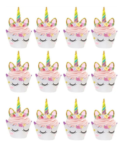 Set 12 Toppers Con Envoltorios Para Cupcake De Unicornio