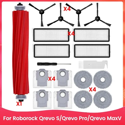 Kit Accessoires Roborock Qrevo - 1 Brosse Principale, 4 Filtres HEPA, 6 Lingettes, 6 Brosses Latérales, 6 Sacs à Poussière