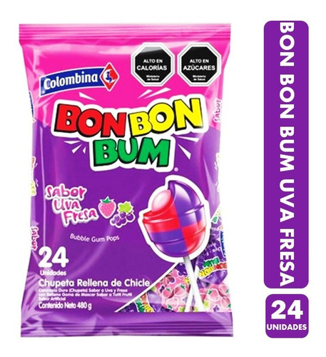 Caramelo Bon Bon Bum Uva Fresa (bolsa Con 24 Unidades)