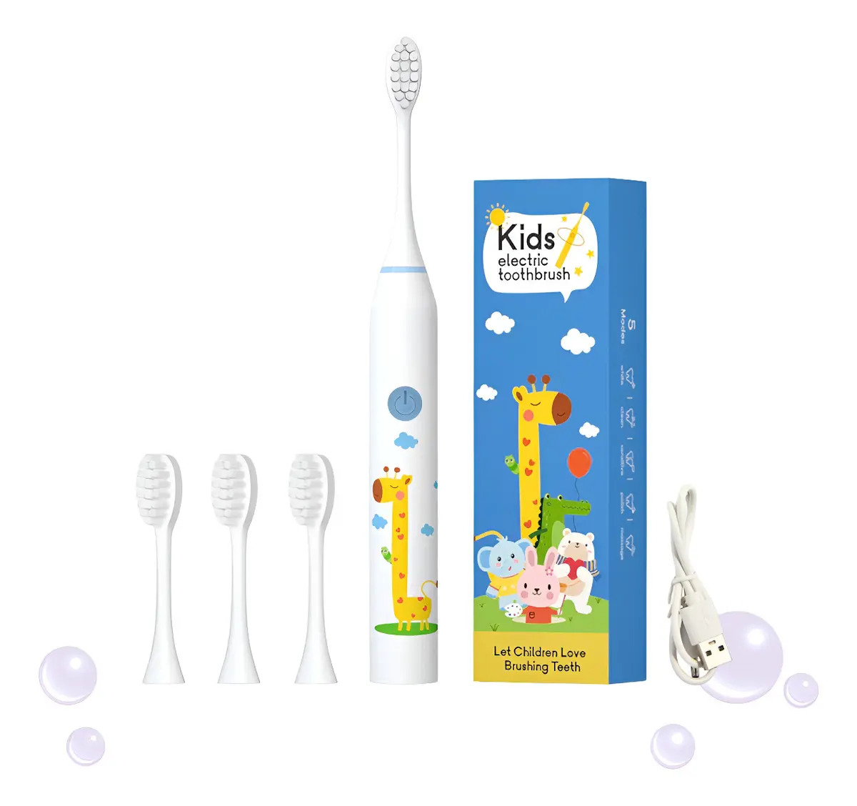 Escova De Dentes Elétrica Infantil Sônica Usb 4 Refis Cor Branco