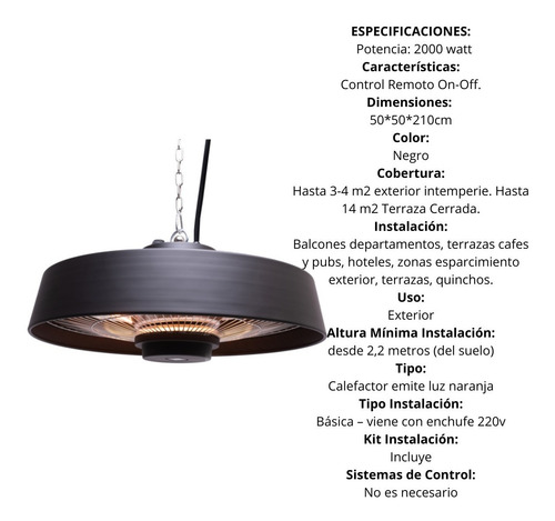 Imagen 2 de 10 de Calefactor Colgante Exterior Estufa De Techo Terraza 2000w