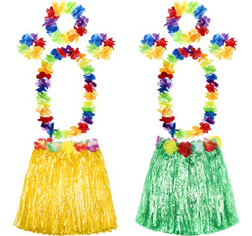 2 Faldas Hula De Hierba Hawaiana Con Leis Para Mujer